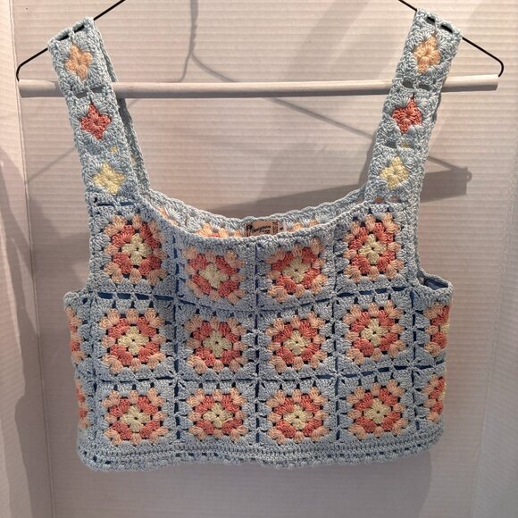 Hand Crafted, Size S, Crochet Top, Slightly Cropped, Blue, Pink and Yellow - Picture 1 of 4